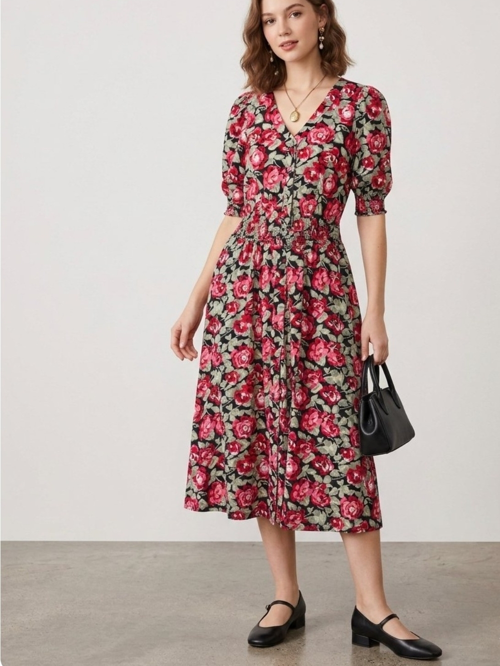 Women's Red/Green Floral V-Neck Button Midi Dress 3/4 Puff Sleeve M